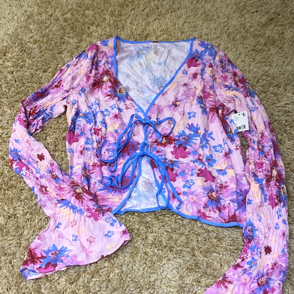 NWT Free People Tie Blouse - periwinkle and rose - detailed sleeves